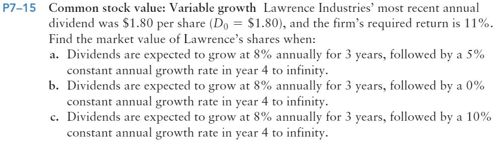 P7-15 Common stock value: Variable growth Common stock value: Variable growth Lawrence