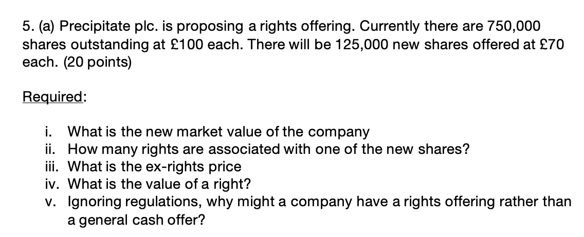 (a) Precipitate plc. is proposing a rights offering. Currently there are