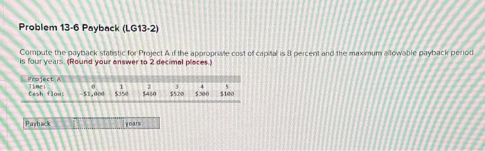  Compute the payback statistic for Project A if the appropriate cost
