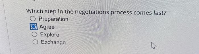  Which step in the negotiations process comes last? Preparation Agree Explore