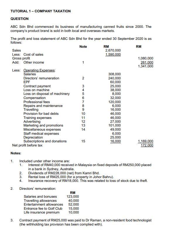 TUTORIAL 1 - COMPANY TAXATION QUESTION ABC Sdn Bhd commenced its