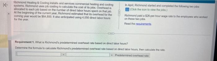  Data table Requirements 1. What is Richmond's predetermined overhead rate based