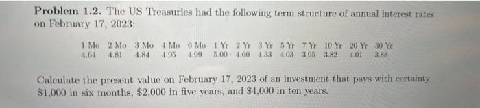  Problem 1.2. The US Treasuries had the following term structure of