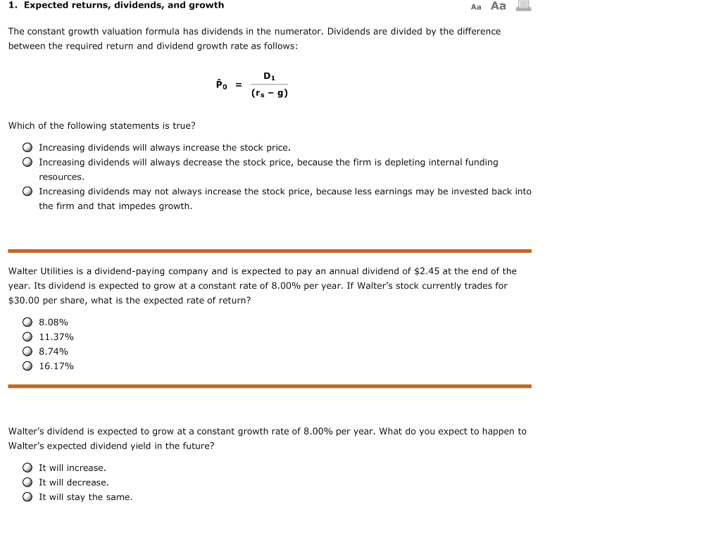 1. Expected returns, dividends, and growth Aa Aa E The constant