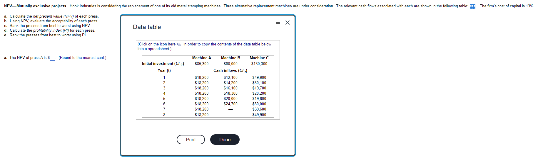  Please answer (a., b., c., d., e.) NPVMutually exclusive projects Hook