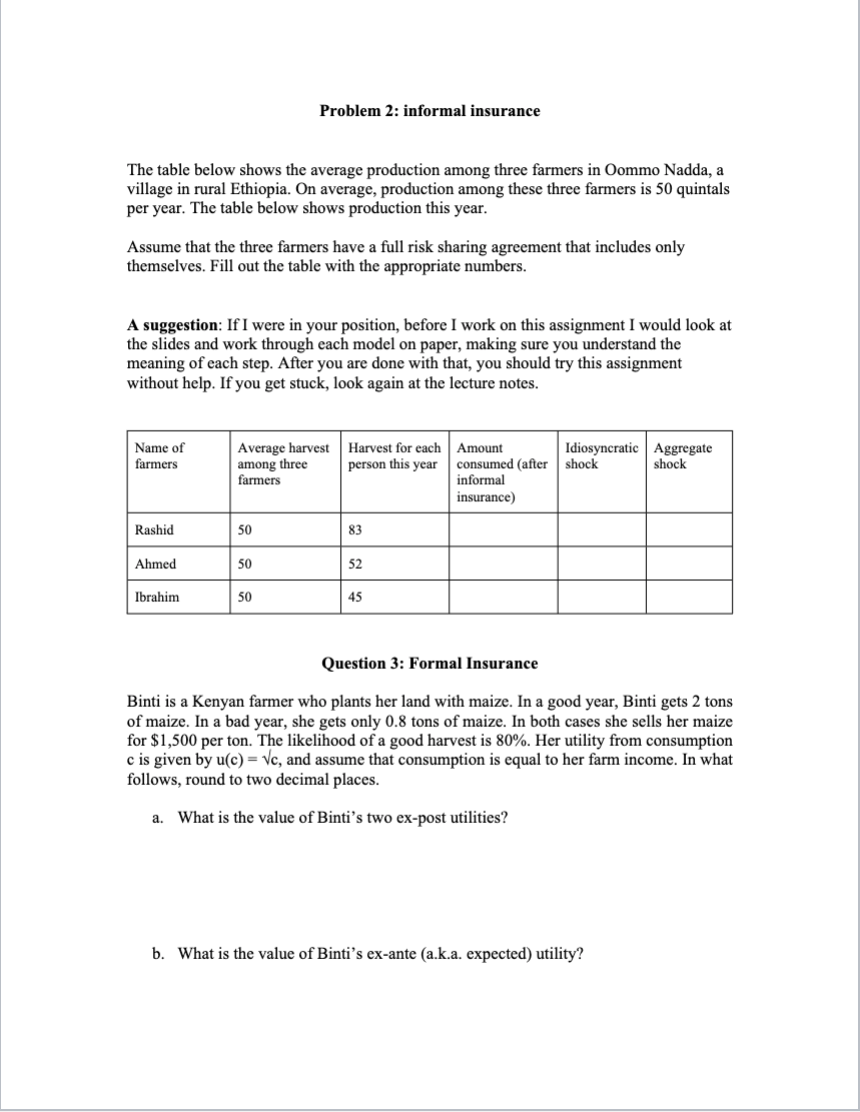  Problem 2: informal insurance The table below shows the average production