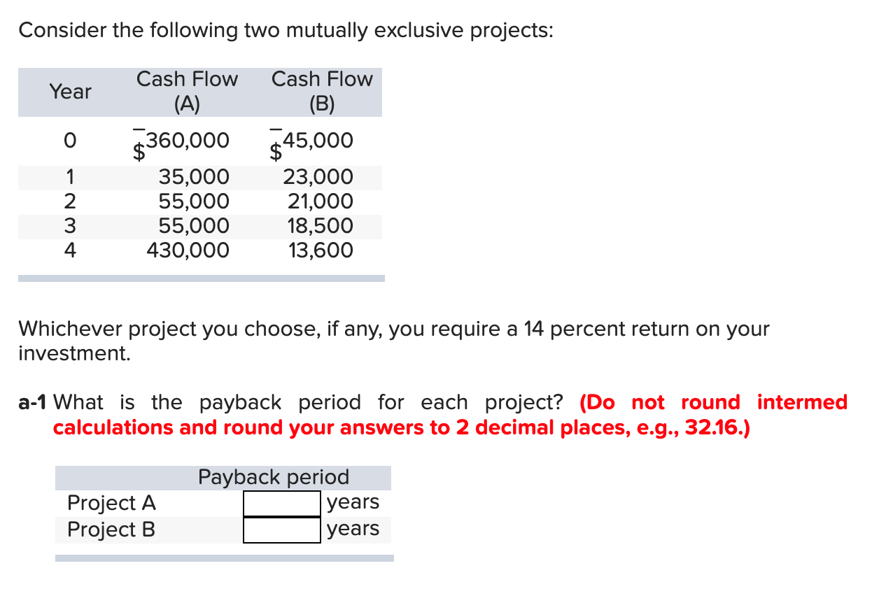  Consider the following two mutually exclusive projects: Whichever project you choose,
