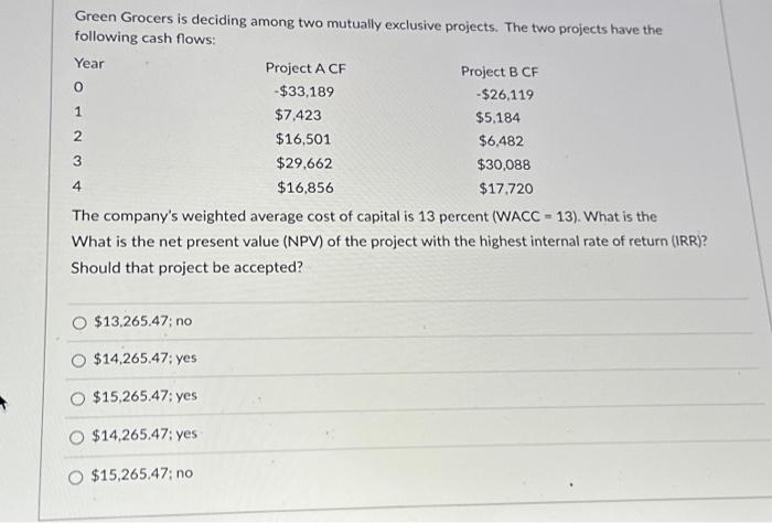  Green Grocers is deciding among two mutually exclusive projects. The two