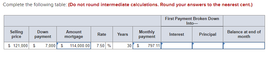  Complete the following table: (Do not round intermediate calculations. Round your