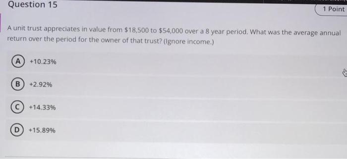  Question 15 1 Point A unit trust appreciates in value from