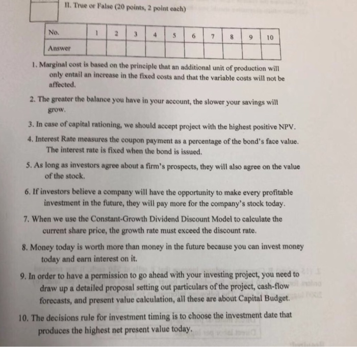  1. True or False (20 points, 2 point each) 12 678