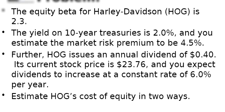  The equity beta for Harley-Davidson (HOG) is 2.3 The yield on