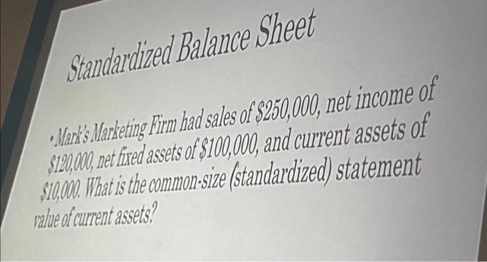 please work this out and explain each step. Standardized Balance Sheet -