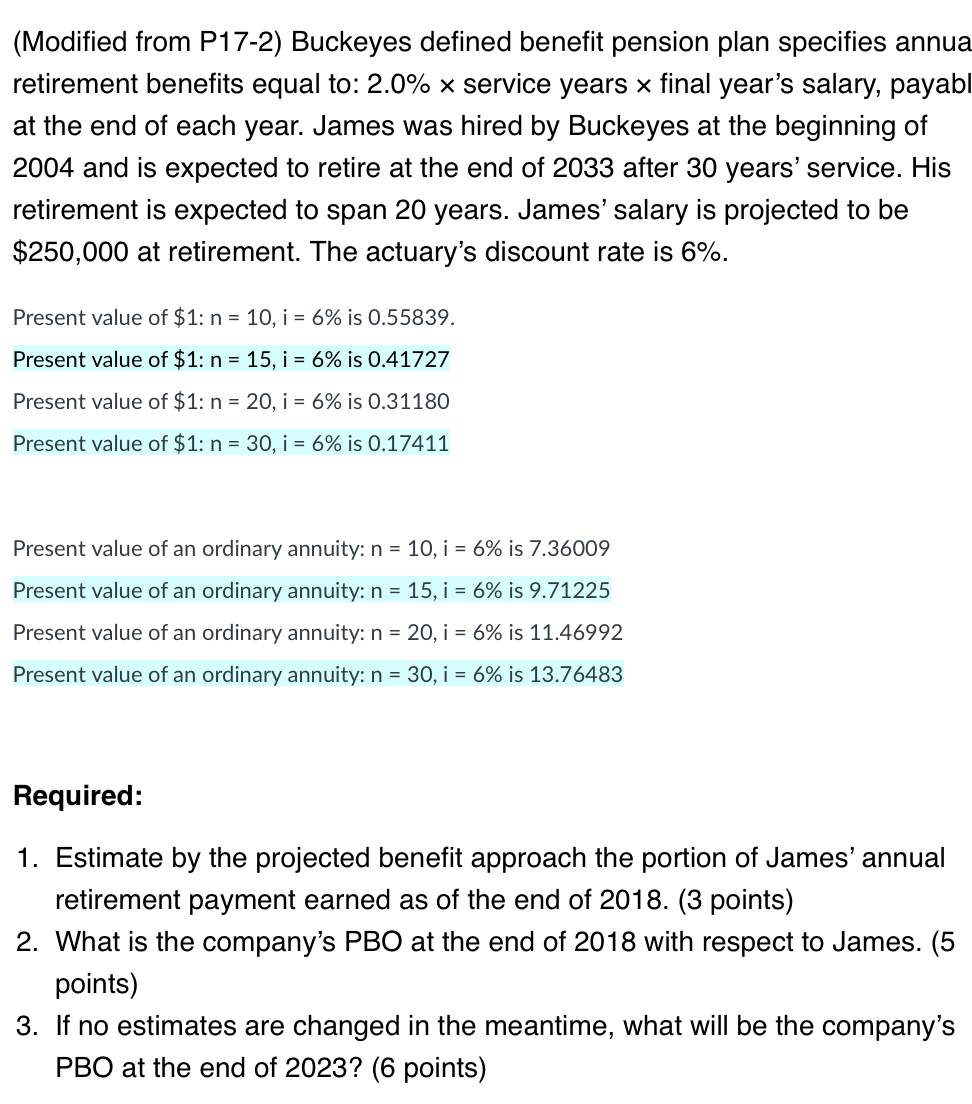  (Modified from P17-2) Buckeyes defined benefit pension plan specifies annua retirement