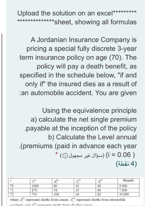 Upload the solution on an excel********* **************sheet, showing all formulas A