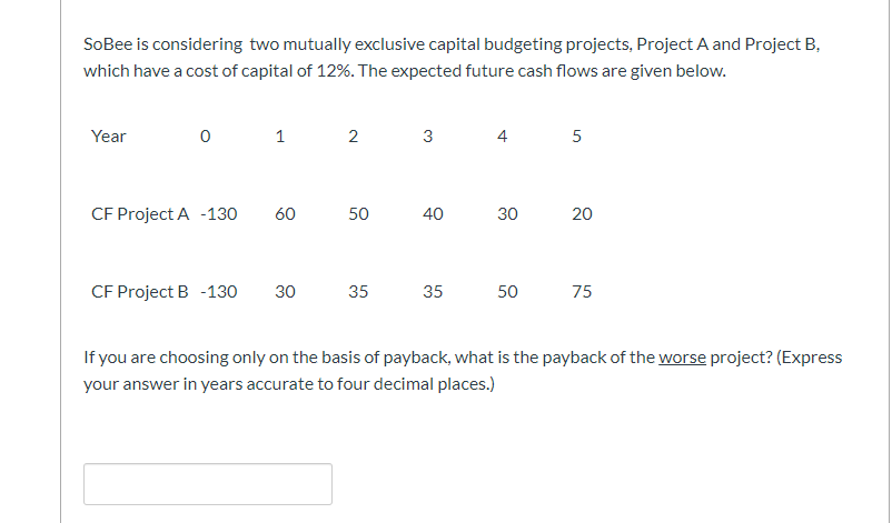  SoBee is considering two mutually exclusive capital budgeting projects, Project A
