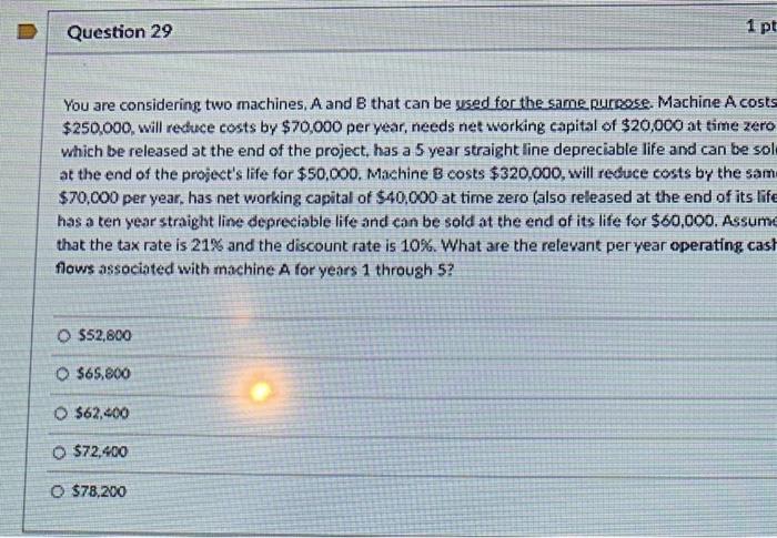  Question 29 1 pt You are considering two machines, A and