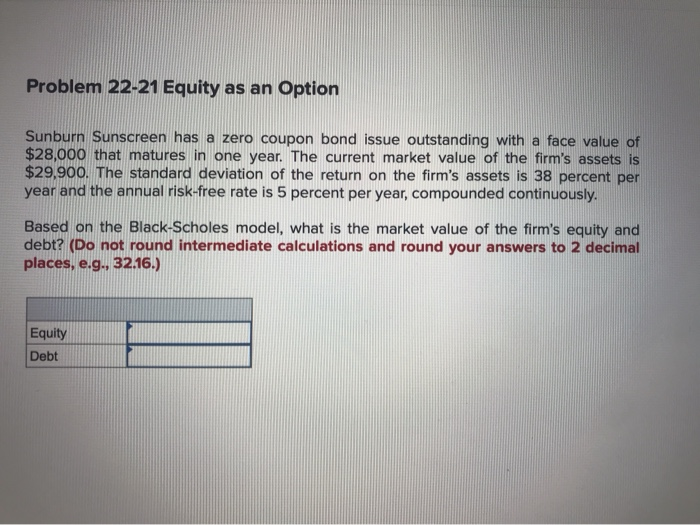  Problem 22-21 Equity as an Option Sunburn Sunscreen has a zero