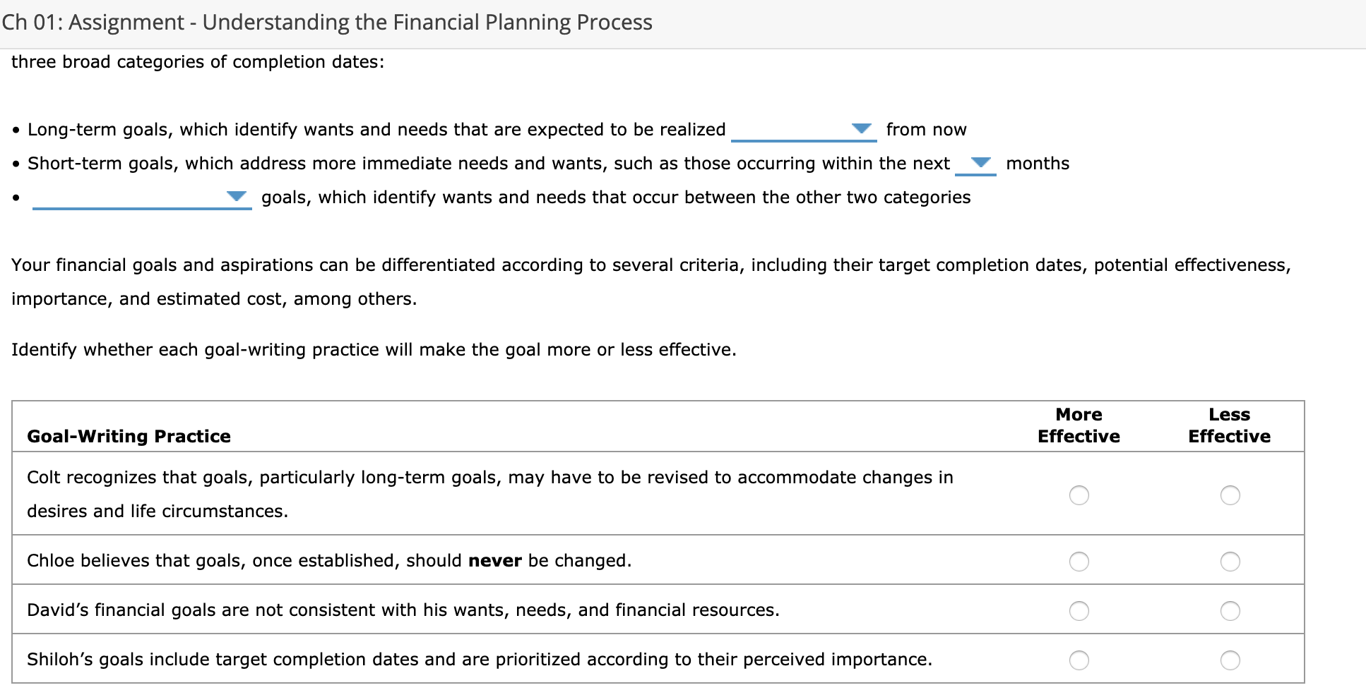 Ch 01: Assignment - Understanding the Financial Planning Process three broad