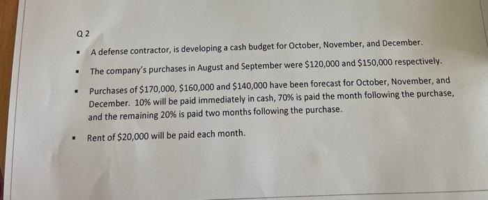  Q2 . A defense contractor, is developing a cash budget for