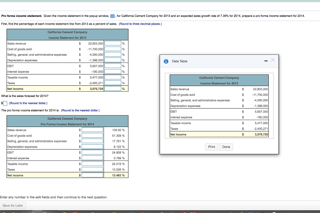 Pro forma income statement. Given the income statement in the popup