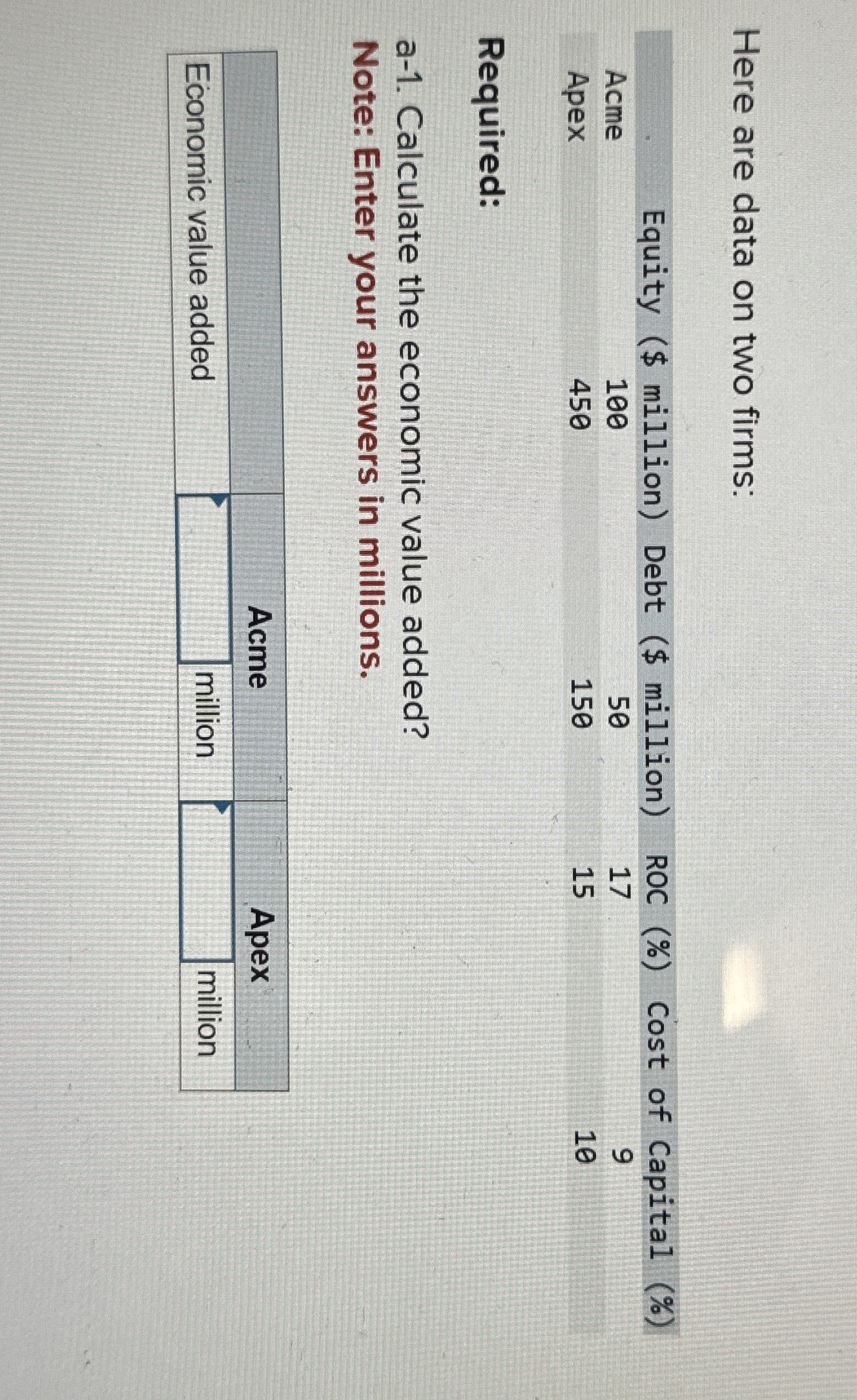  Here are data on two firms: Required: a-1. Calculate the economic