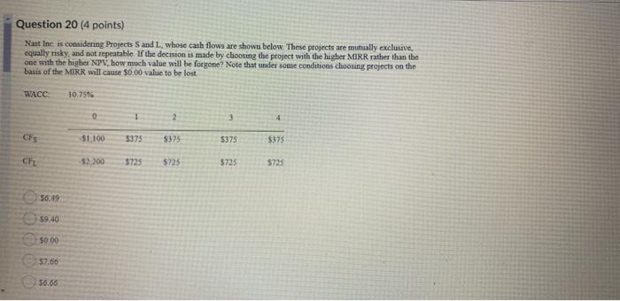  Question 20 (4 points) Nast Inc. is considering Projects and L.