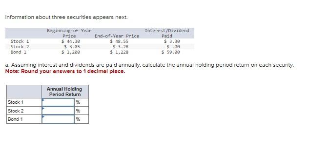  Information about three securities appears next. a. Assuming interest and dividends