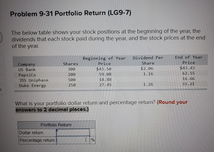 Problem 9-31 Portfolio Return (LG9-7) The below table shows your stock
