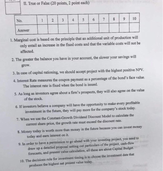  IL. True or False (20 points, 2 point each) No. Answer