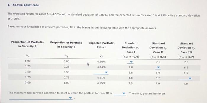  1. The two-asset case The expected return for asset Als 4,50%