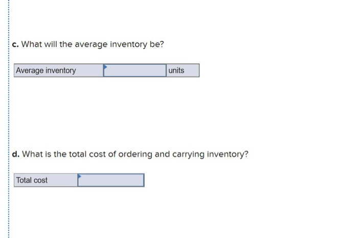  c. What will the average inventory be? Average inventory units d.