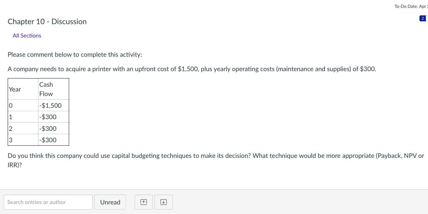  To-Do Date: Apr Chapter 10 - Discussion All Sections Please comment