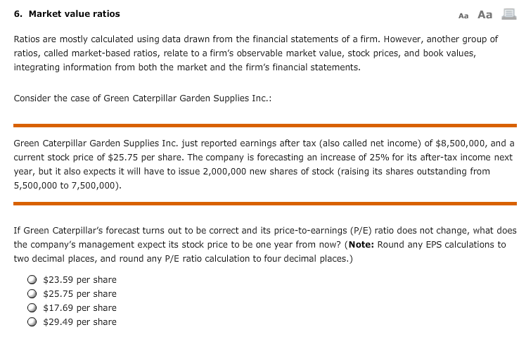 6. Market value ratios Aa Aa Ratios are mostly calculated using