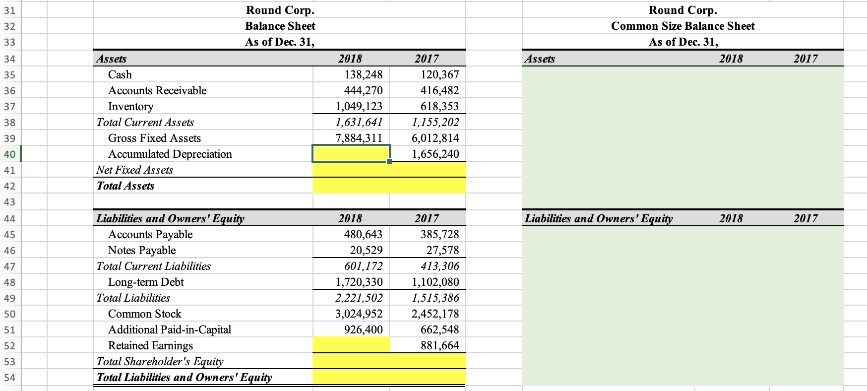 1 60pts Fill in the yellow cells in the balance sheet and