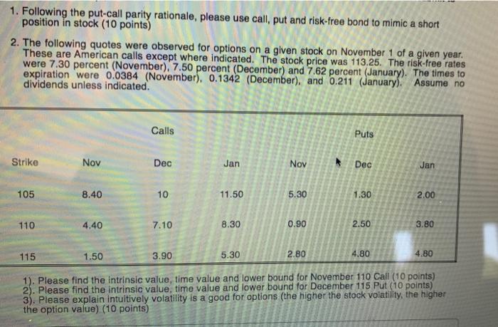  1. Following the put-call parity rationale, please use call, put and