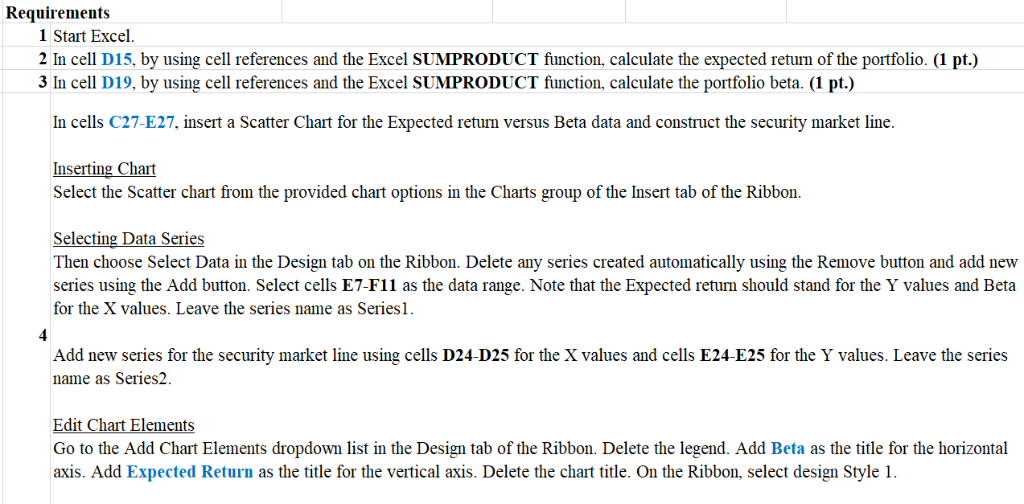 references and the Excel SUMPRODUCT function, calculate the expected retum of the
