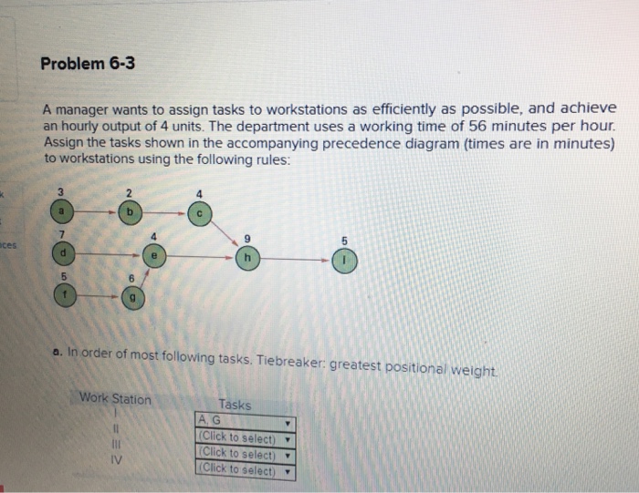  Problem 6-3 A manager wants to assign tasks to workstations as