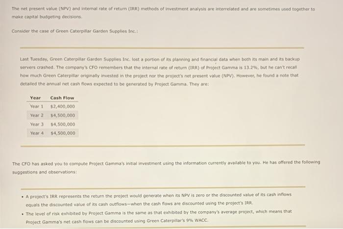  The net present value (NPV) and internal rate of return (IRR)
