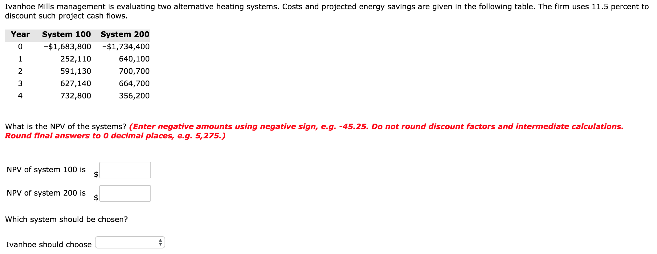 Ivanhoe Mills management is evaluating two alternative heating systems. Costs and