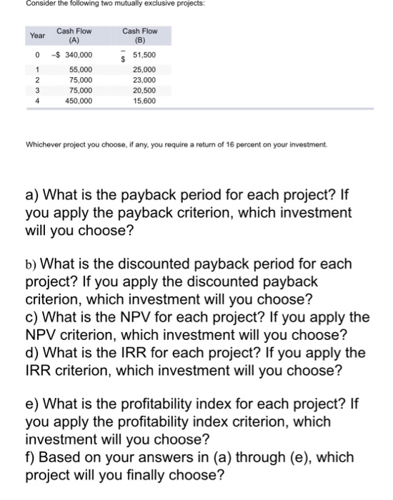  Consider the following two mutually exclusive projects: Cash Floww Year Cash