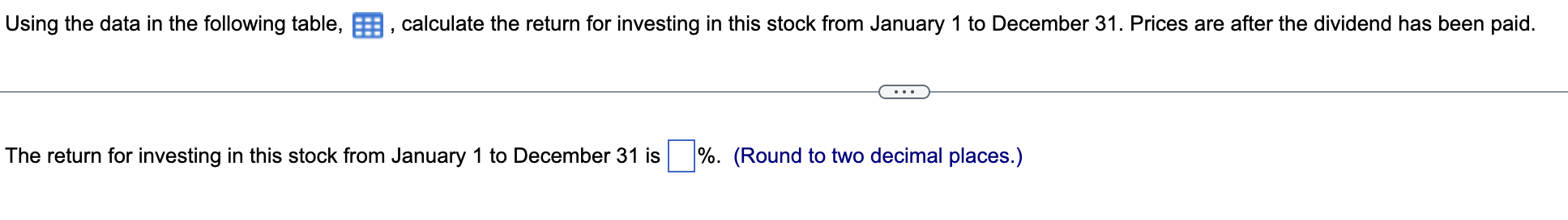 Using the data in the following table, , calculate the return
