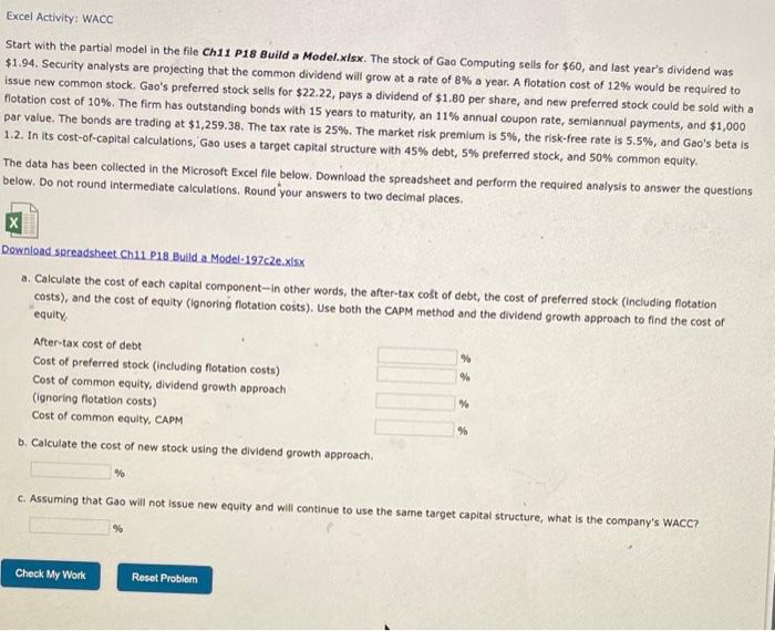  Excel Activity: WACC Start with the partial model in the file