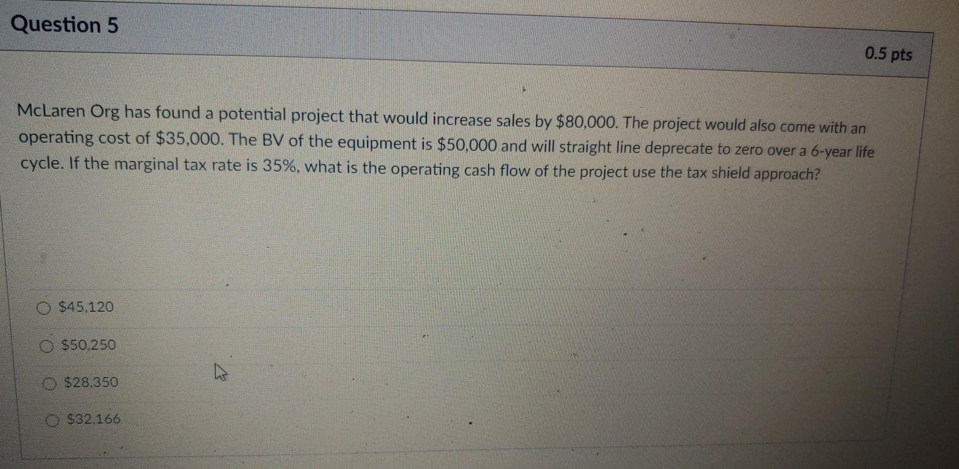  Question 5 0.5 pts McLaren Org has found a potential project