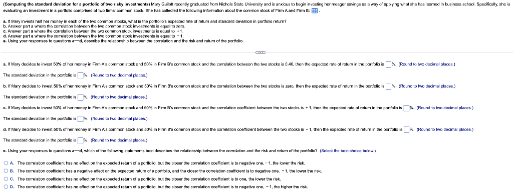 Firm A's common stock Firm B's common stock Correlation coefficient (Click on