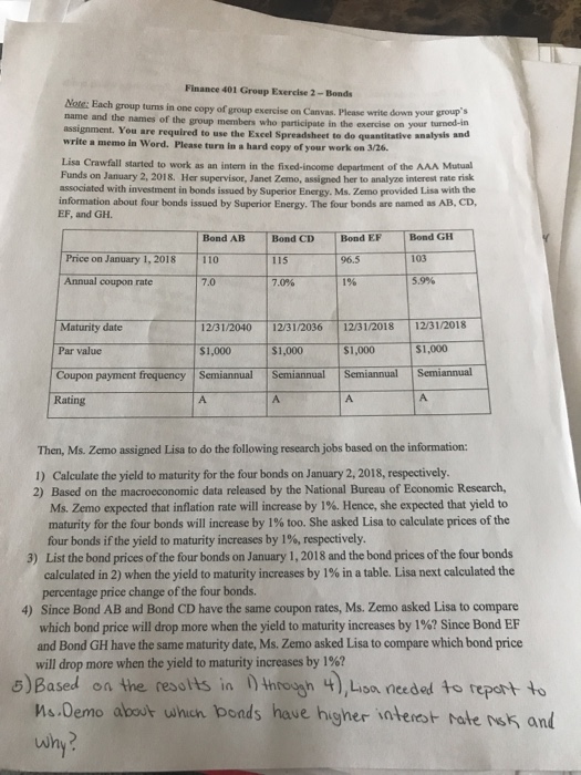  Finance 401 Group Exercise 2-Bonds Note: Each group turns in one