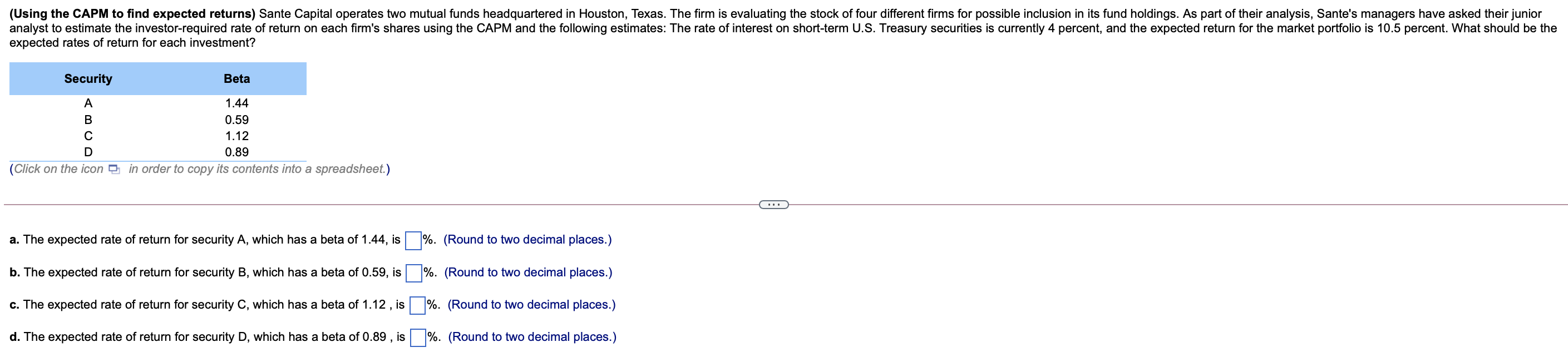 (Using the CAPM to find expected returns) Sante Capital operates two
