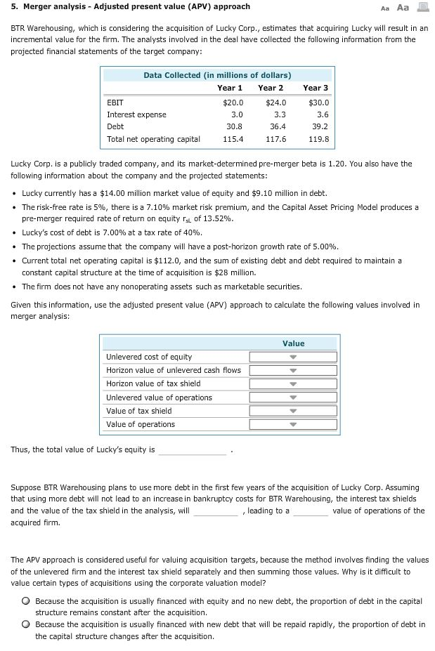  5. Merger analysis Adjusted present value (APV) approach Aa Aa BTR