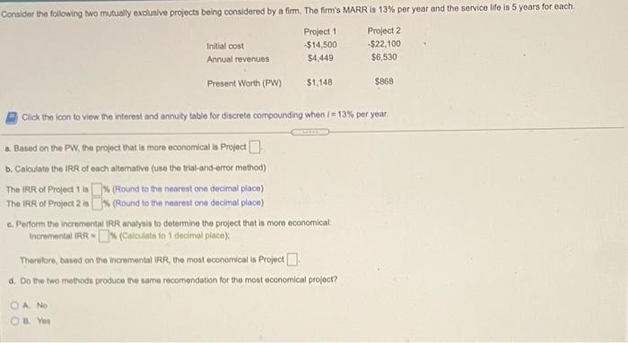  Consider the following two mutually exclusive projects being considered by a