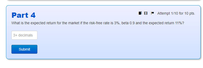 IB Attempt 1/10 for 10 pts. What is the expected return for